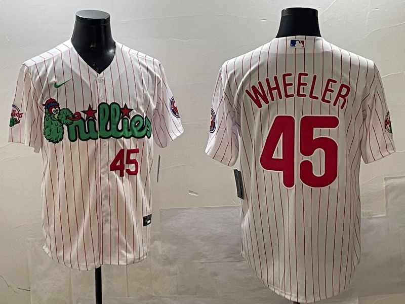 Men Philadelphia Phillies #45 Wheeler White Stripe Three generations Joint Name Game 2025 Nike MLB Jersey style 4->philadelphia phillies->MLB Jersey